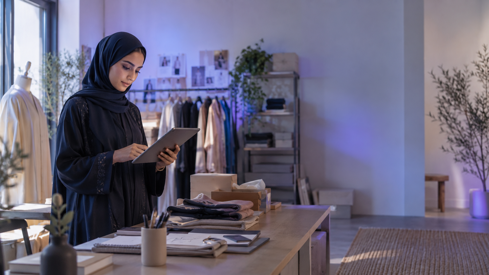 صاحبة مشروع تراجع أعمال متجر ملابس على جهاز لوحي